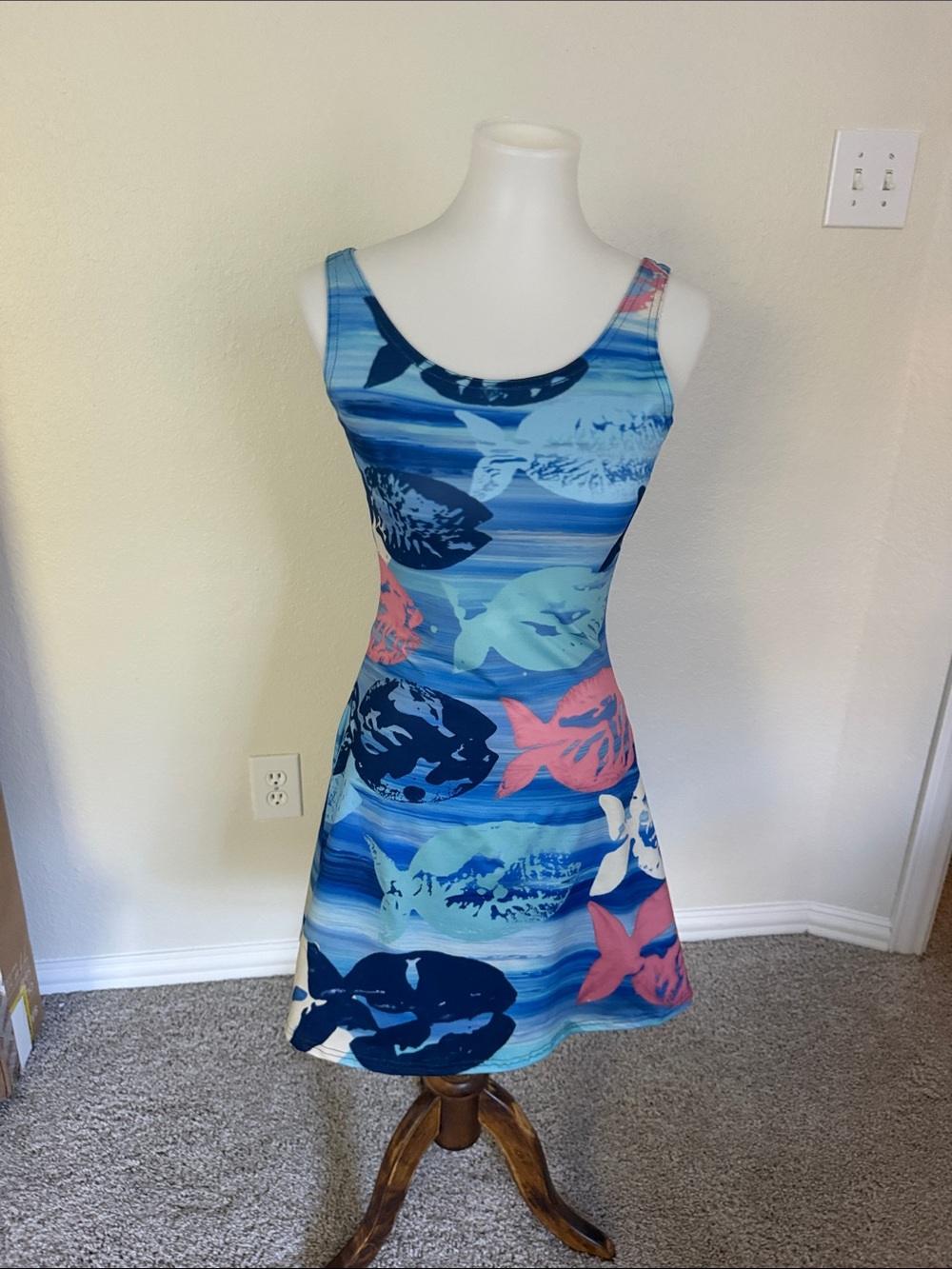 Blue Tropical Fish Print Fit-and-Flare Dress
